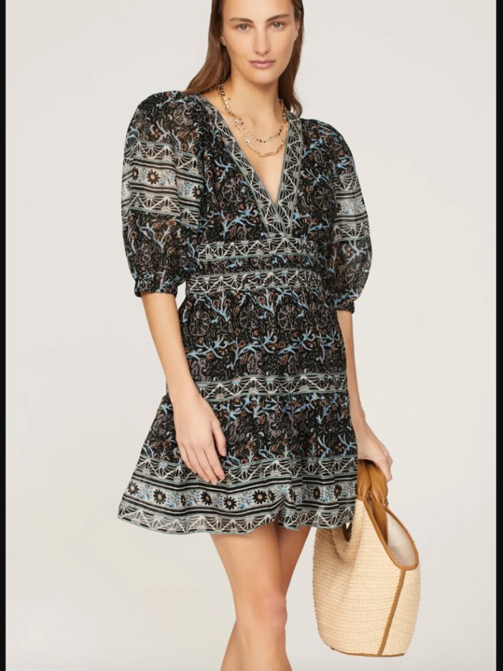 SEA NEW YORK Marlee Puff-Sleeve Mini Dress Black V Neck Smocked Waist SMALL